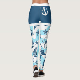 Blue White Anchor Sailboat Sea Life Beach Leggings