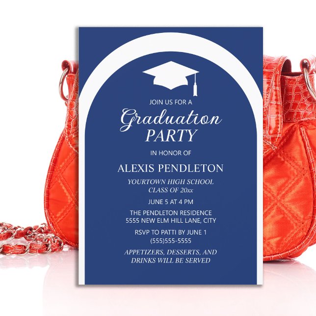 Blue White Arch High School Graduation Cap Einladung (Navy blue graduation party invitation)