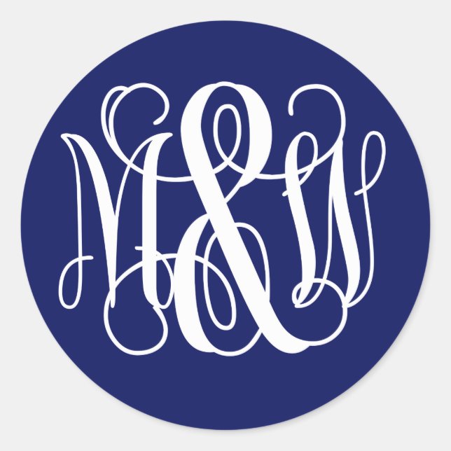 Blue White B&G Vine Script Monogram DIY BG Runder Aufkleber (Vorderseite)