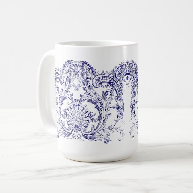 Blue & White Barock Rokoko Cartouche Frieze Kaffeetasse (Vorderseite Links)