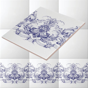 Blue & White Baroque Rokoko Rocaille Frieze Fliese