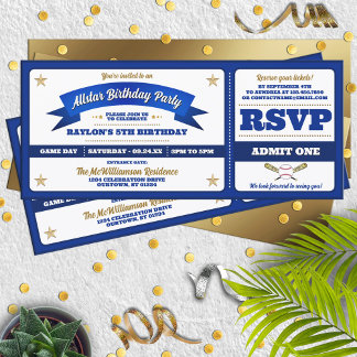 Blue & White Baseball Allstar Ticket Birthday Einladung