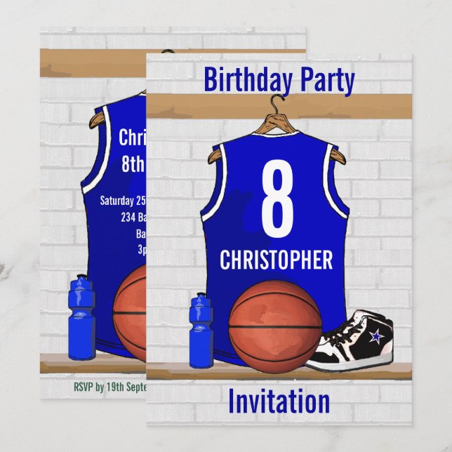 Blue White Basketball Jersey Geburtstagsparty Einladung (Vorne/Hinten)