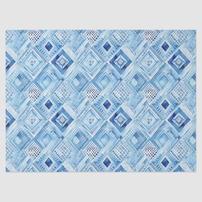Blue White Batik Square Jewel Seidenpapier (Vorderseite)