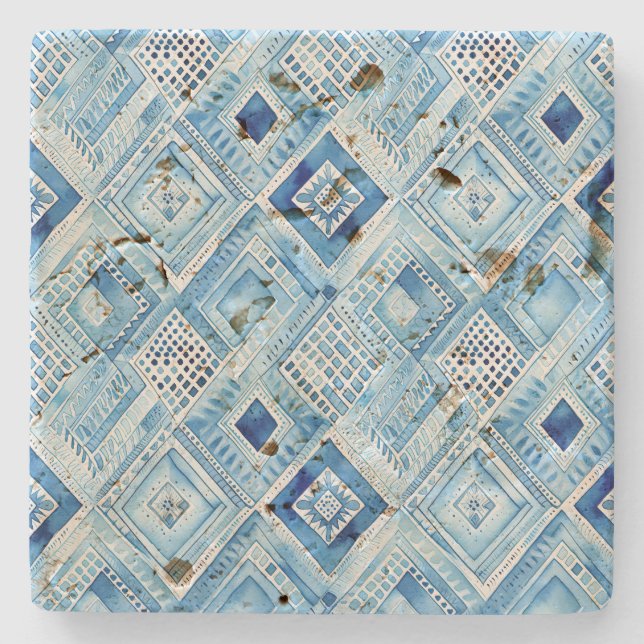 Blue White Batik Square Jewel Steinuntersetzer (Vorderseite)
