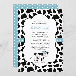 Blue White Black Cow Print Baby Dusche Einladung
