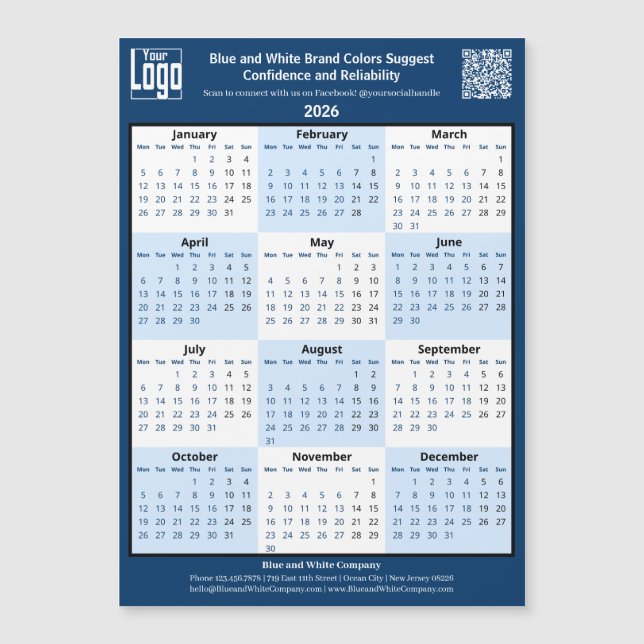 Blue White Black Your Logo 2026 Magnetic Calendar Magnetkarte (Vorderseite)