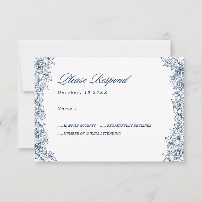 Blue White Blume Elegante Wedding RSVP Card (Vorderseite)