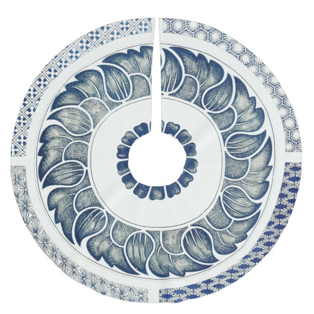Blue White Blumenchinesisch Runde Polyester Weihnachtsbaumdecke (Vorderseite)