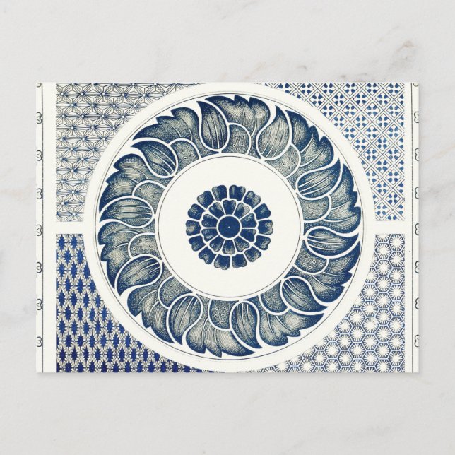 Blue White Blumenchinesisch Runde Postkarte (Vorderseite)