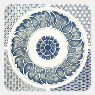 Blue White Blumenchinesisch Runde Quadratischer Aufkleber