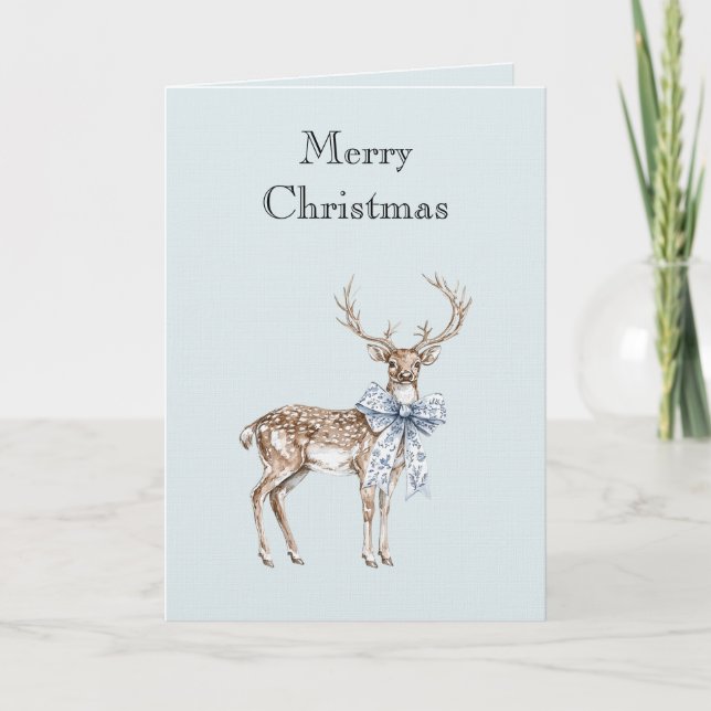 Blue White Bow Christmas Deer Karte (Vorderseite)