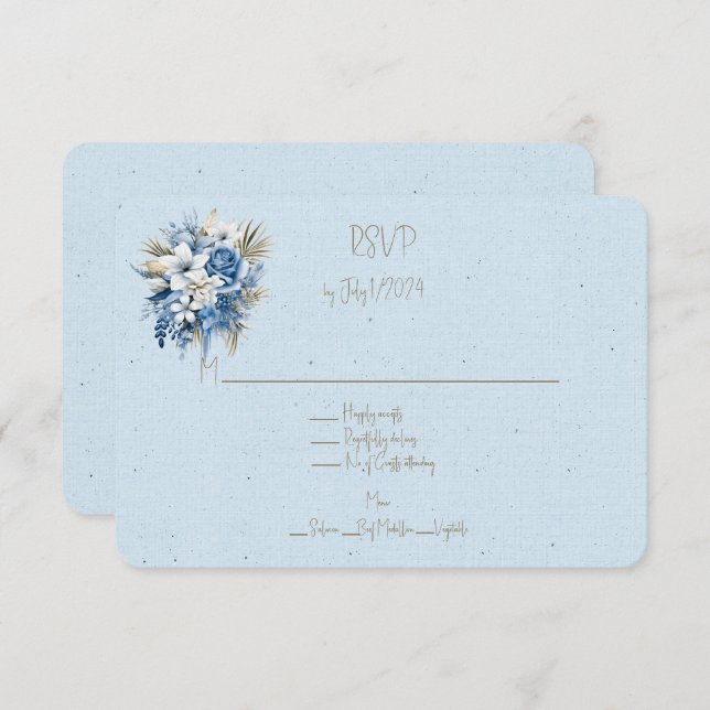 Blue White Brown Floral Wedding Bouquet RSVP Karte (Vorne/Hinten)