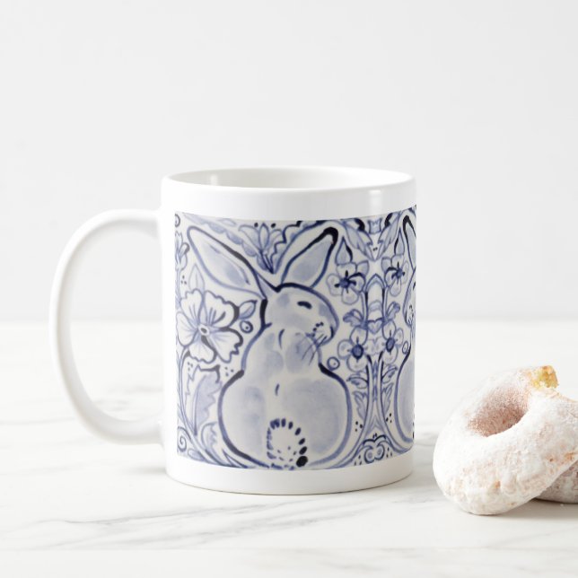 Blue & White Bunny Rabbit Art Floral Frühjahr Oste Kaffeetasse (Mit Donut)