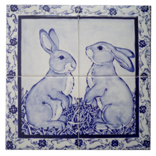 Blue & White Bunny Rabbit Dedham Delft Whimsical Fliese