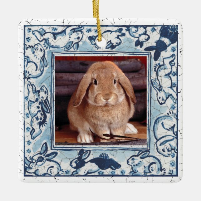 Blue & White Bunny Rabbit Delft Dedham Pet Foto Keramikornament (Vorderseite)