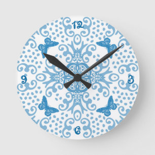 Blue/White Butterfly Medallion Numbered Runde Wanduhr