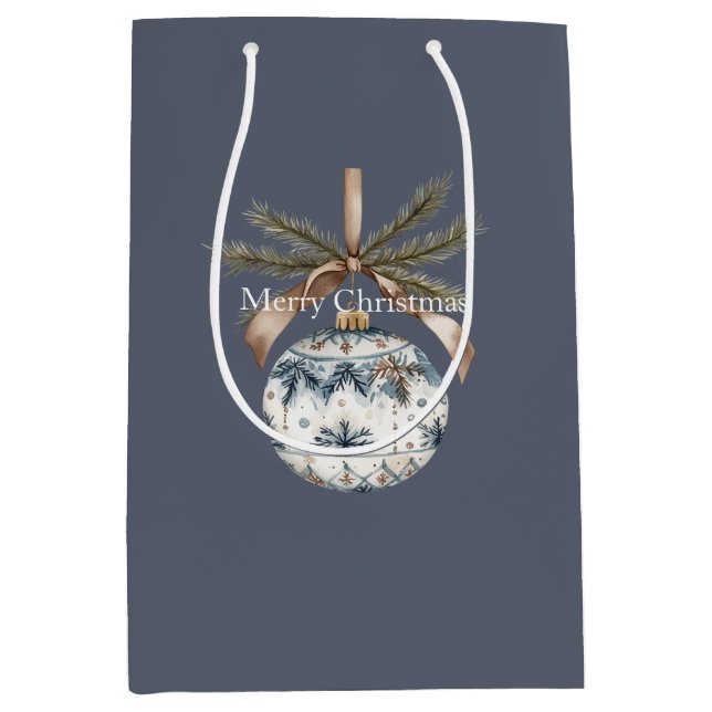 Blue White Champagne Gold Ornaments Christmas Mittlere Geschenktüte (Vorderseite)