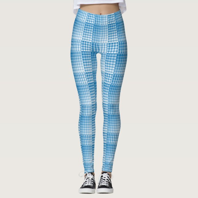 Blue White Checker Abstract Pattern Leggings (Vorderseite)