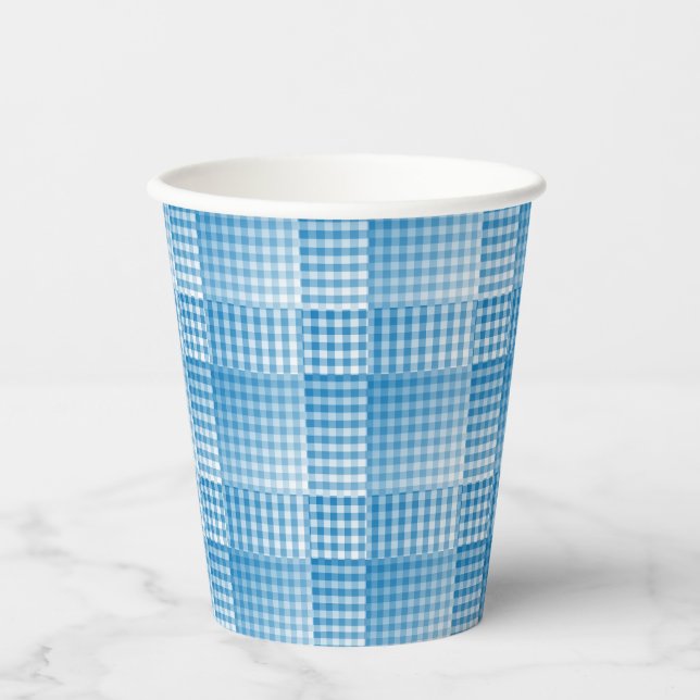Blue White Checker Abstract Pattern Pappbecher (Vorderseite)