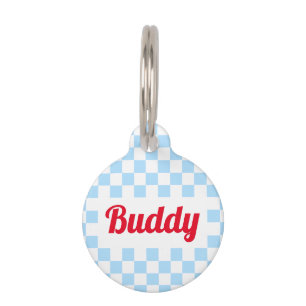 Blue White Checkered Doppy Cat Name Retro Haustiermarke