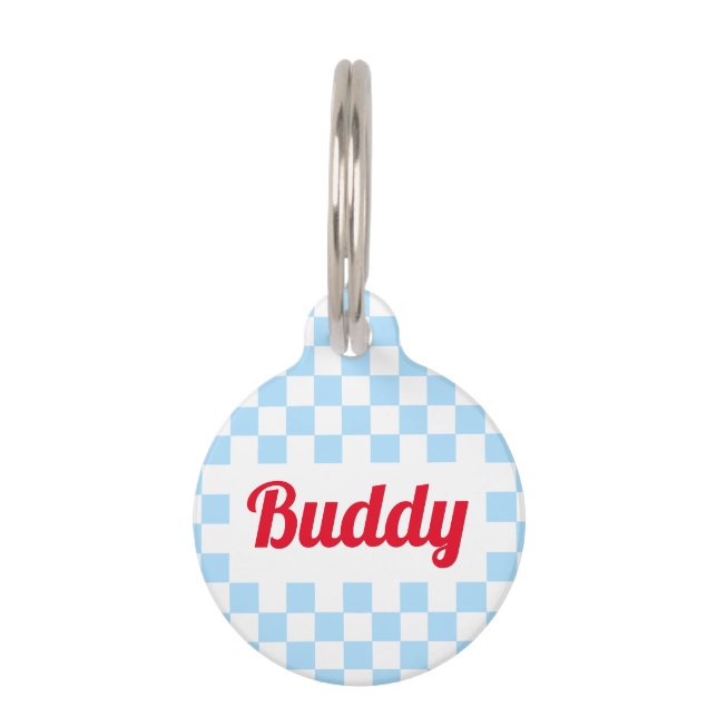 Blue White Checkered Doppy Cat Name Retro Haustiermarke (Vorderseite)