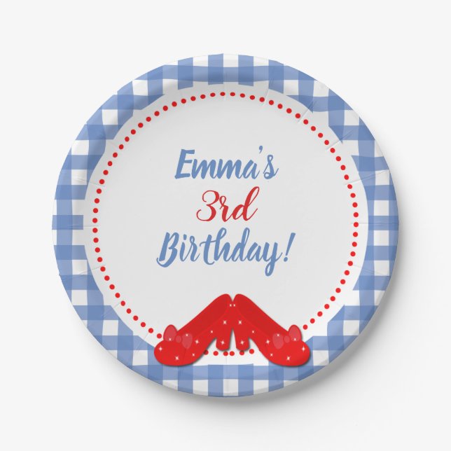 Blue & White Checkered Gingham Red Shoes OZ Party Pappteller (Vorderseite)