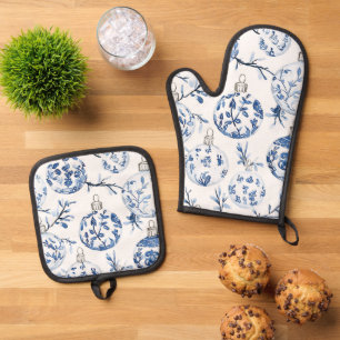 Blue White Chic Blues Weihnachtsschmuck Ofenhandschuh & Topflappen-Set