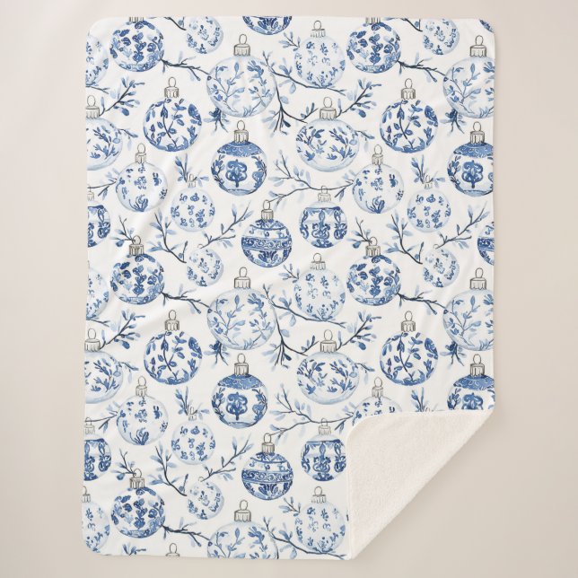 Blue White Chic Blues Weihnachtsschmuck Sherpadecke (Vorderseite)