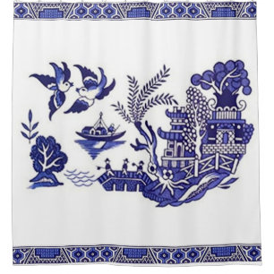 Blue & White China Blue Willow Design Duschvorhang