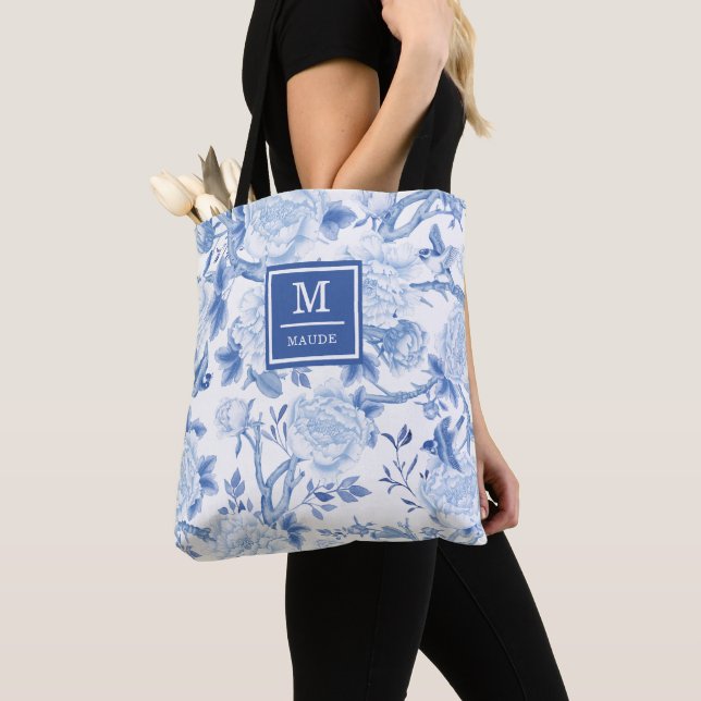 Blue White Chinoiserie Bird Peony Garden Monogram (Von Nahem)