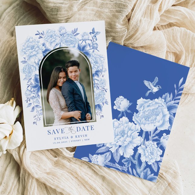 Blue White Chinoiserie Bird Peony Save the Date Einladung (Von Creator hochgeladen)