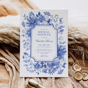 Blue White Chinoiserie Blumengarten Brautparty Einladung