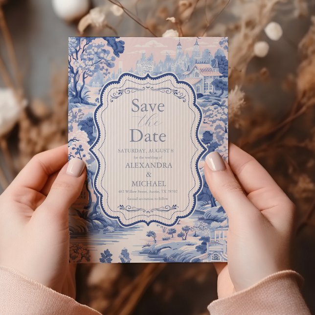 Blue White Chinoiserie Blumenstrauß Porzellan Save The Date (Von Creator hochgeladen)