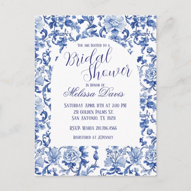 Blue & White Chinoiserie Bridal Shower Invitation Postkarte (Vorderseite)