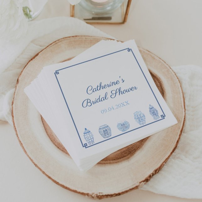 Blue White Chinoiserie Chic Bridal Polterabend Serviette (Blue and white ginger jar bridal shower party napkins with Greek key border)