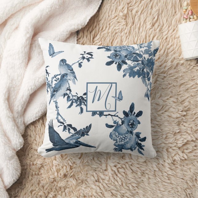 Blue White Chinoiserie Floral Stilvolle Monogram Kissen (Decke)