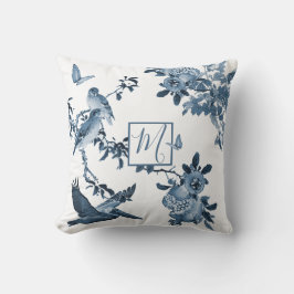 Blue White Chinoiserie Floral Stilvolle Monogram Kissen