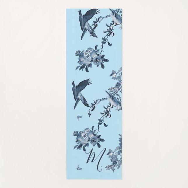 Blue White Chinoiserie Floral Stilvolle Monogram Yogamatte (Vorderseite)