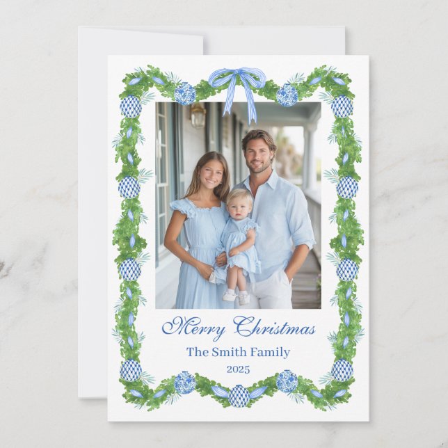 Blue & White Chinoiserie Garland Grandmillenial Feiertagskarte (Vorderseite)