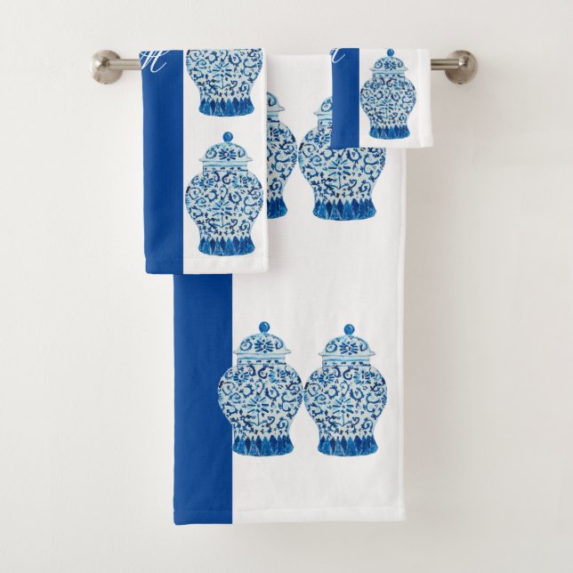 Blue White Chinoiserie Ginger Jars Jars  Badhandtuch Set (Insitu)