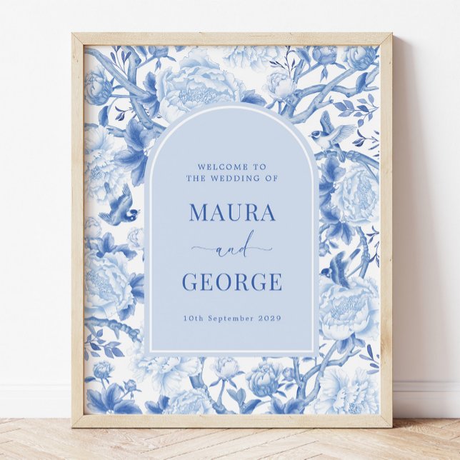 Blue White Chinoiserie Peony Bird Wedding Willkomm Poster (Von Creator hochgeladen)