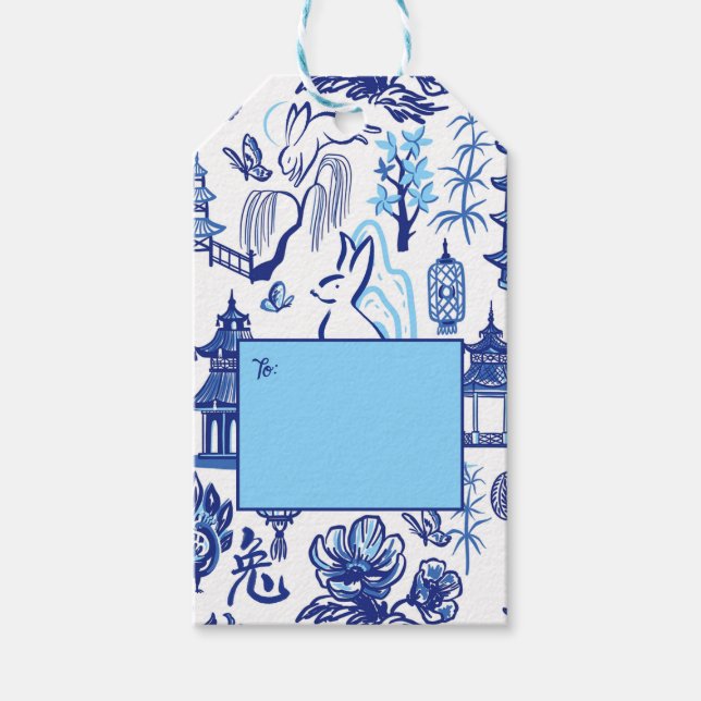 Blue & White Chinoiserie Rabbit-Geschenk-Tag Geschenkanhänger (Vorderseite)