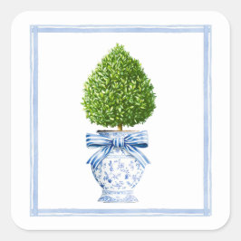 Blue & White Chinoiserie Topiary Quadratischer Aufkleber