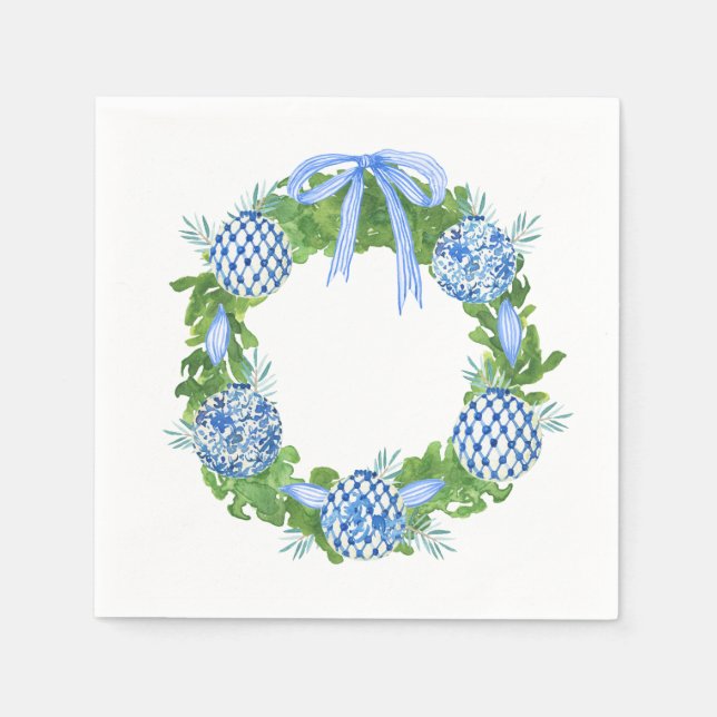 Blue & White Chinoiserie Wreath ,Grandmillenial Serviette (Vorderseite)
