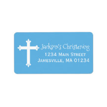 Blue, White Christening Address Labels mit Cross