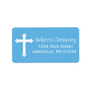 Blue, White Christening Address Labels mit Cross Adressaufkleber