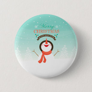 Blue White Christmas New Years Snowman Greetings Button