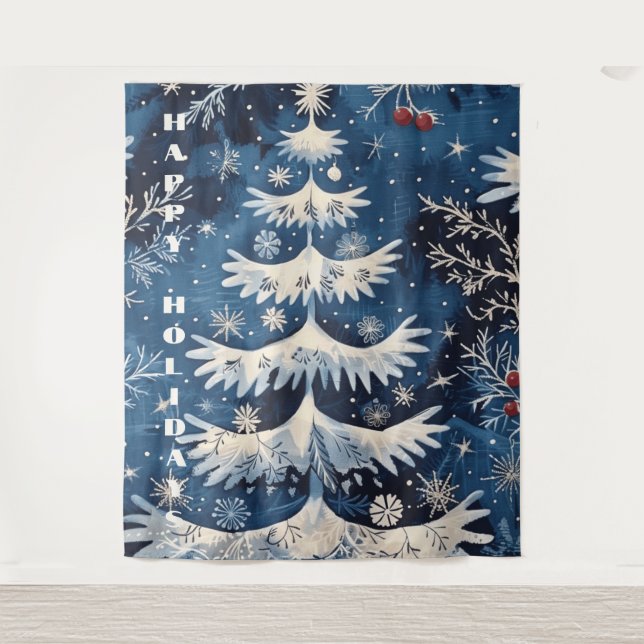 Blue White Christmas Tree Hintergrund Wandteppich (Vorderseite)