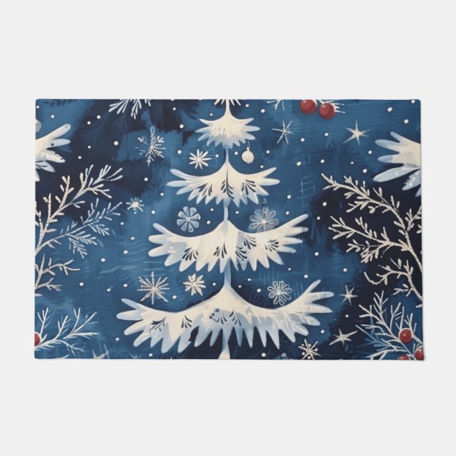 Blue White Christmas Tree Holiday Doormat Fußmatte (Vorderseite)